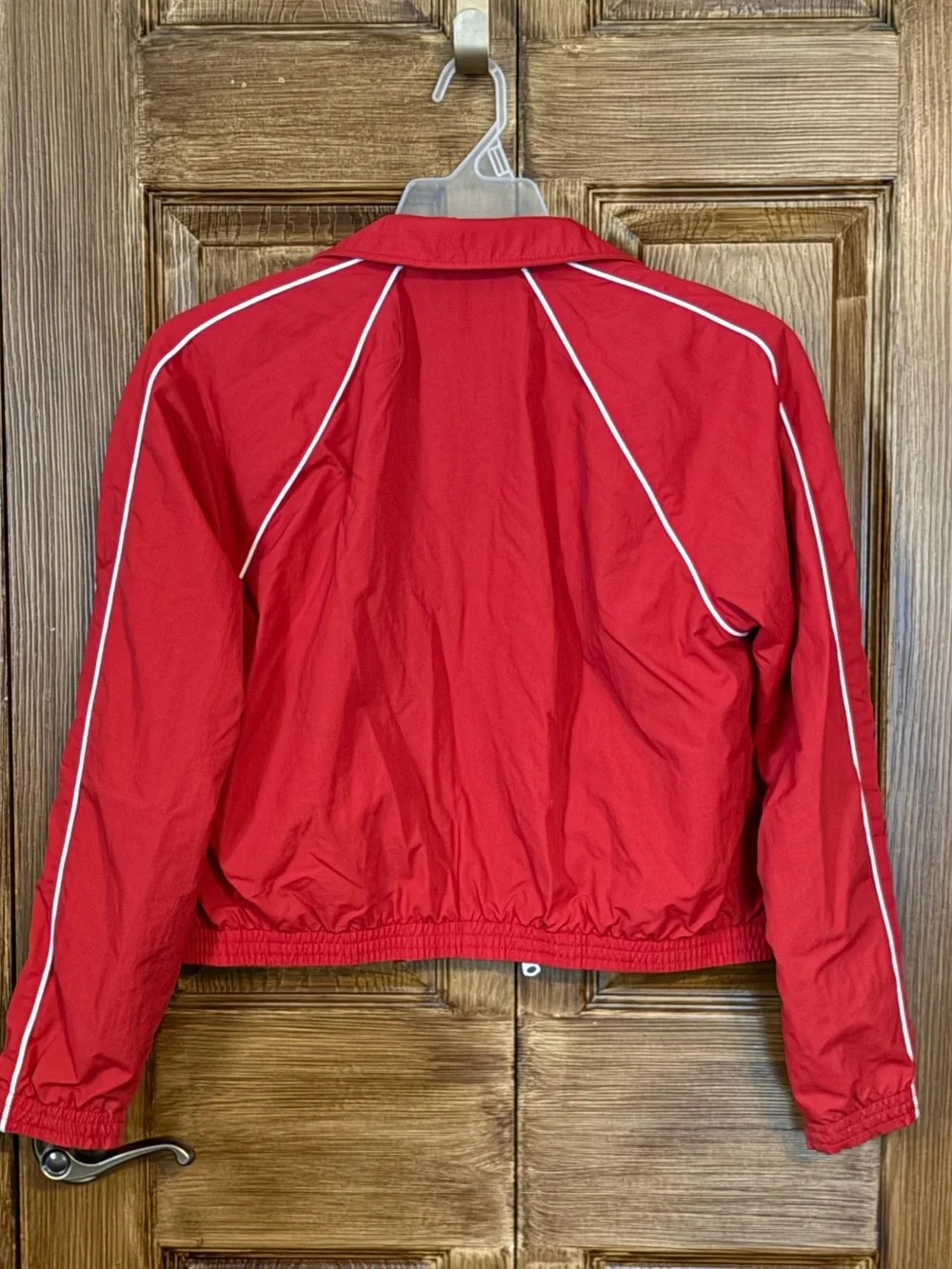 Abercrombie & Fitch Red Cropped Track Bomber Zip Jacket with White Piping - Picture 2 of 6